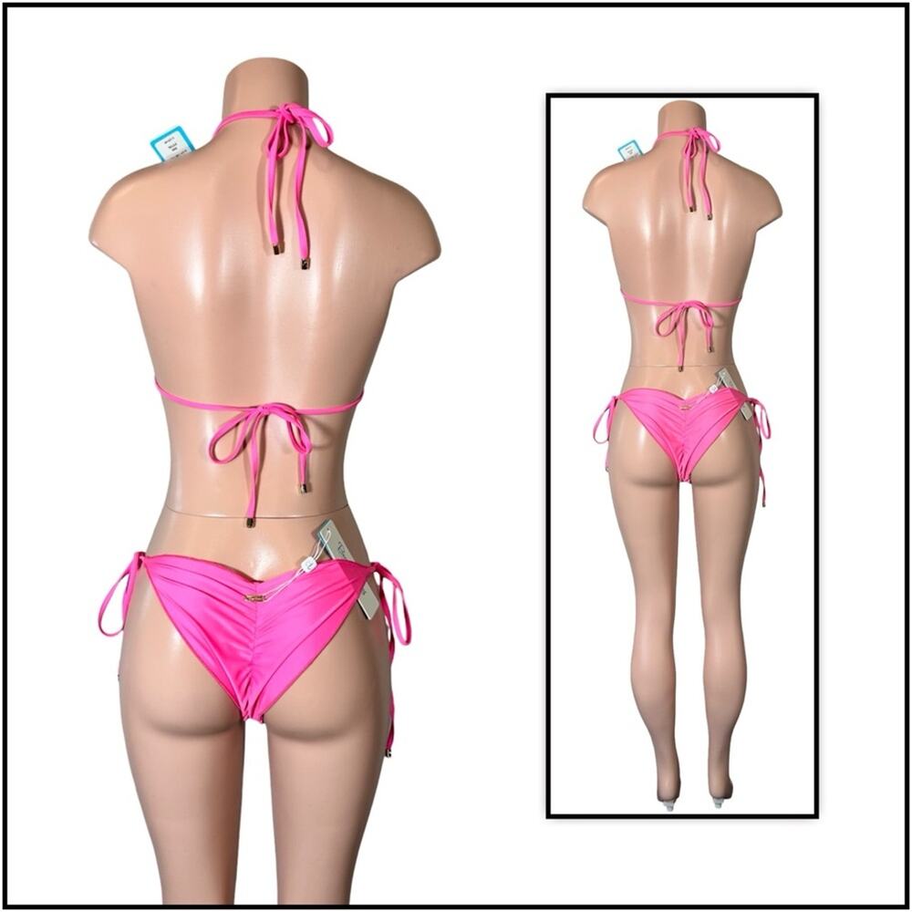 Beach Bunny Pink Icon DD Triangle Top & L Icon Tie Side Skimpy Bottom $250 - Picture 7 of 14